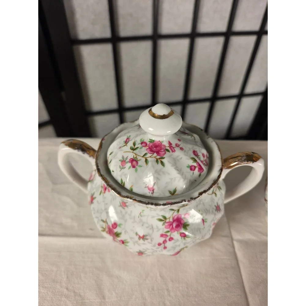 Vintage Porcelain Pink Rosebud Creamer and Lidded Sugar Bowl Set Gold Trim